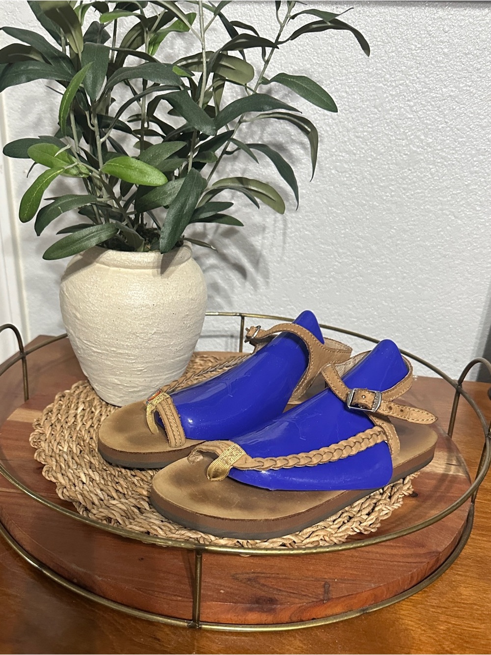 Rainbow Braided Toe-Ring Sandals in Tan